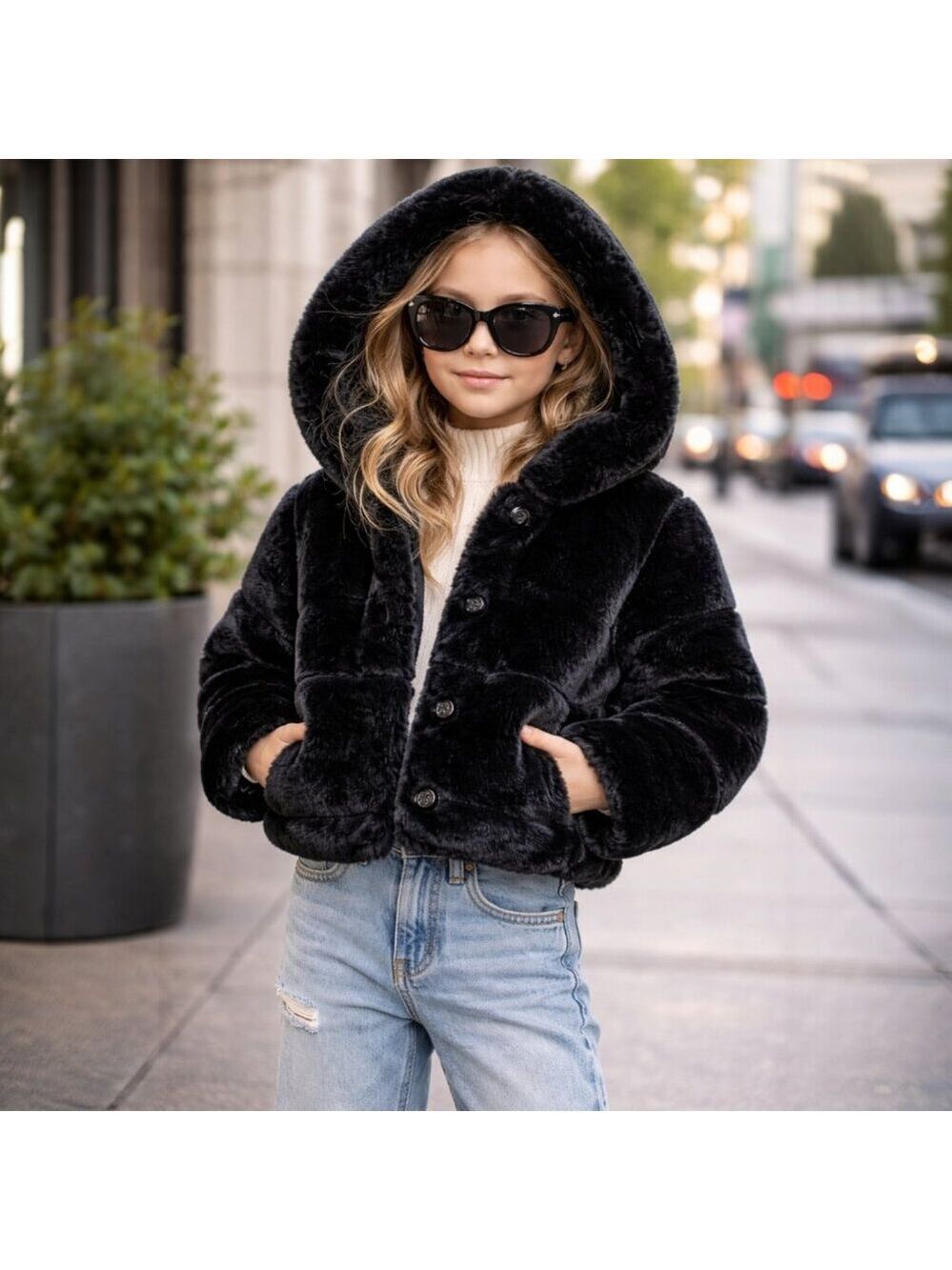 🖤 Apparis Hooded Cropped Faux Fur Jacket – Size 6Y 🖤